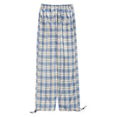 Pantalones holgados de cintura alta cómodos vintage a cuadros azules